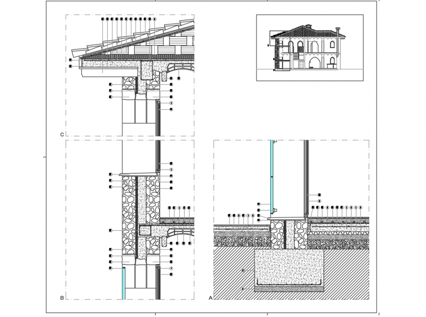 Facade sectional constructive structure details of building dwg file