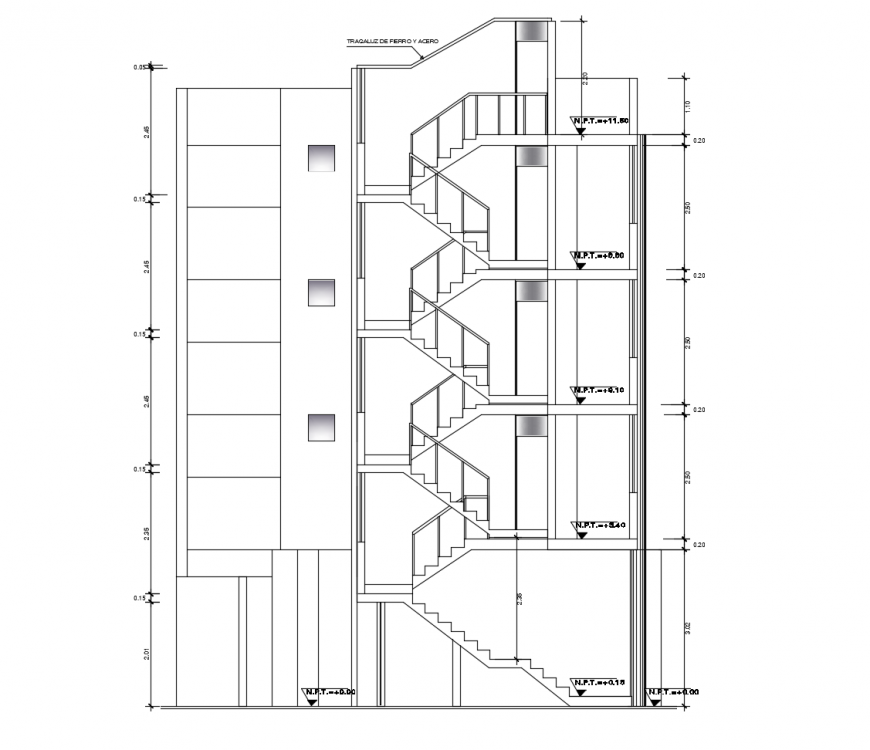 Facade sectional drawing details of multi-story apartment building dwg file