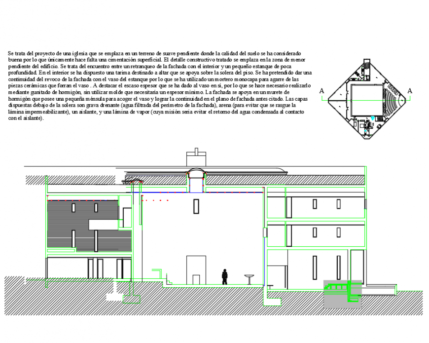 Facade with pond of single family house sectional view dwg file