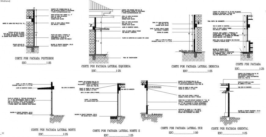 Facades and all sided cut constructive section details of building dwg file