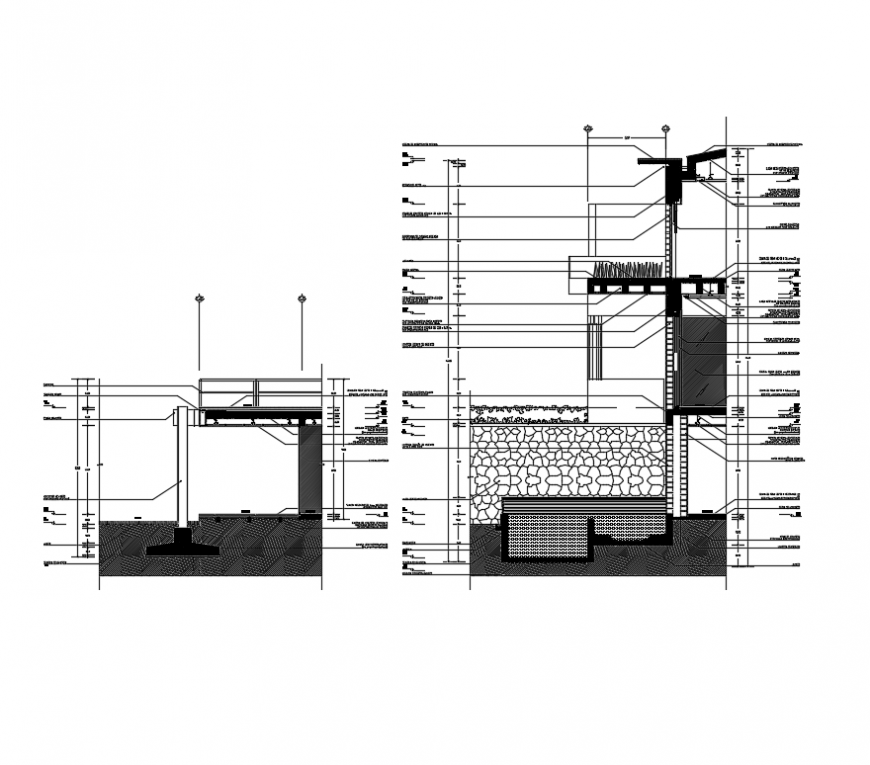 Facades section residential house ribs flags tone over masonry wall dwg file