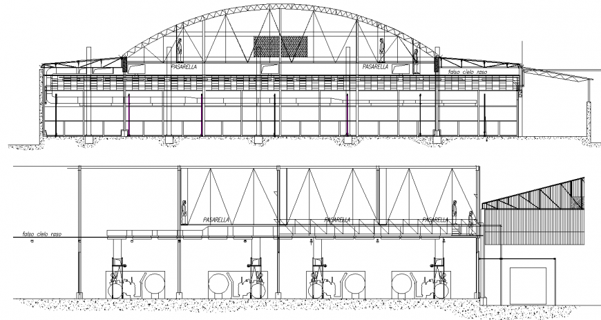 Factory elevation drawing in dwg AutoCAD file.