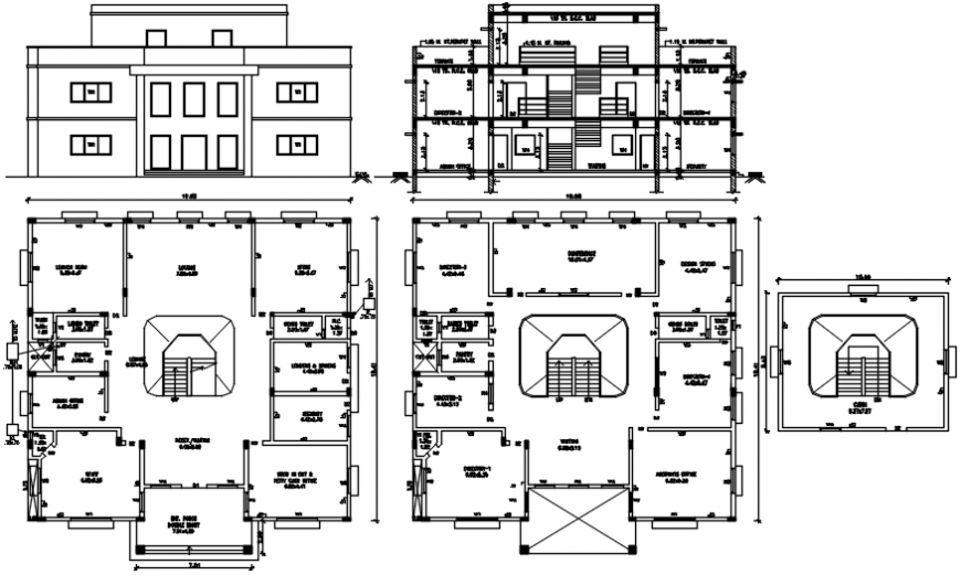 Factory office building elevation, section and floor plan cad drawing details dwg file