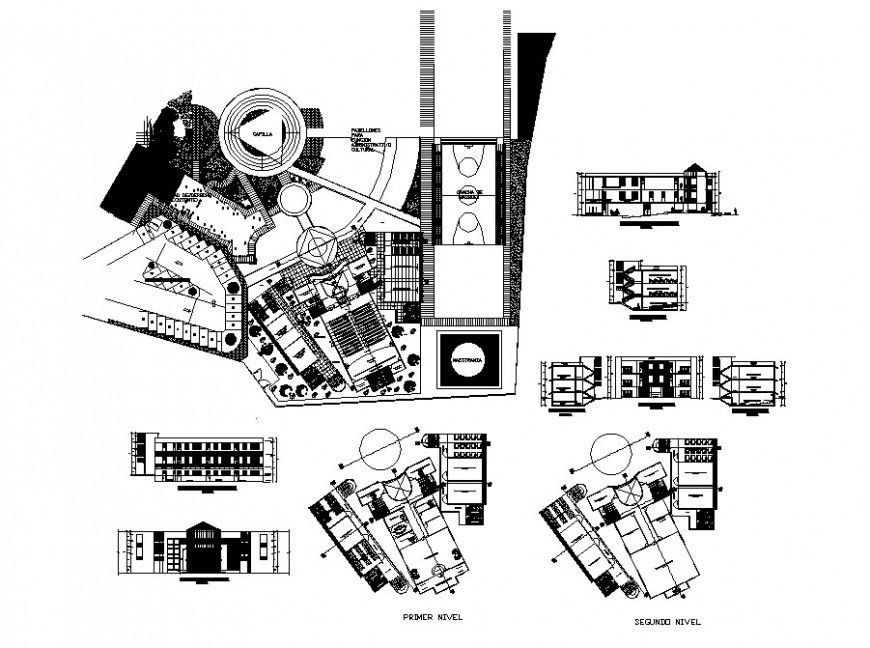 Faculty of architecture multi-story building elevation, section, floor plan and auto-cad drawing details dwg file