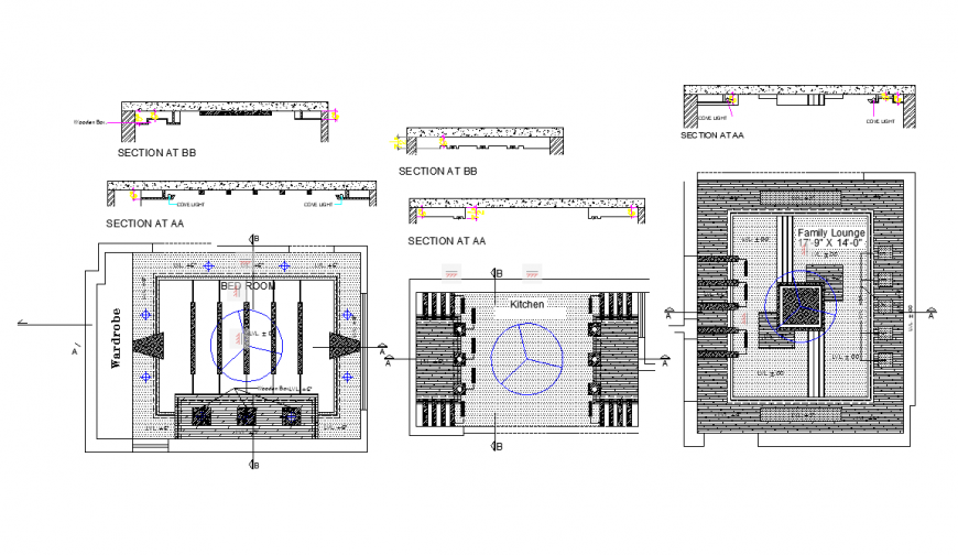 False ceiling detail view with a plan and sectional view dwg file