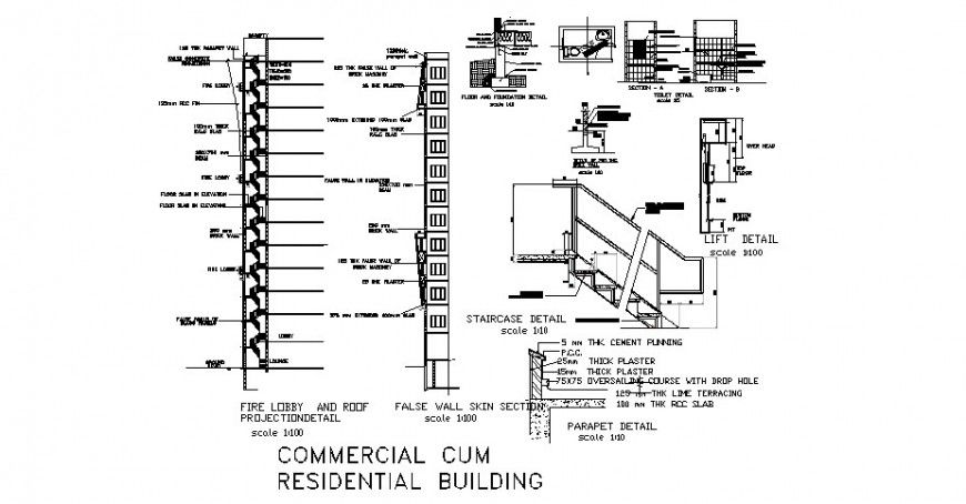 False wall skin section and fire lobby and roof and staircase details of residential building dwg file