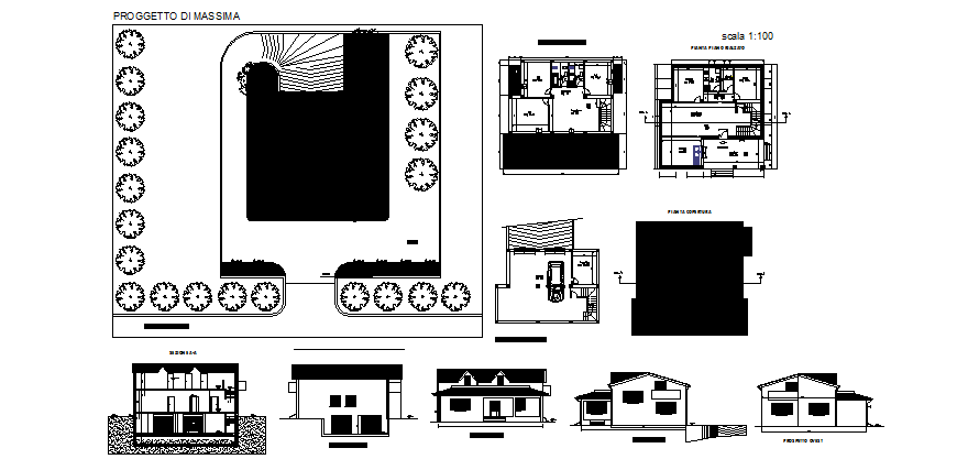 Family area with plan and different axis elevation dwg file