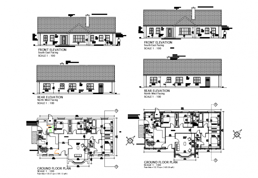 Family house all sided elevation and ground floor plan details dwg file