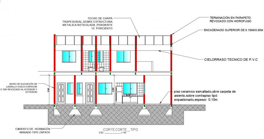 Family house front constructive section cad drawing details dwg file