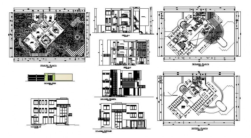Family housing area plan elevation and section view in auto cad