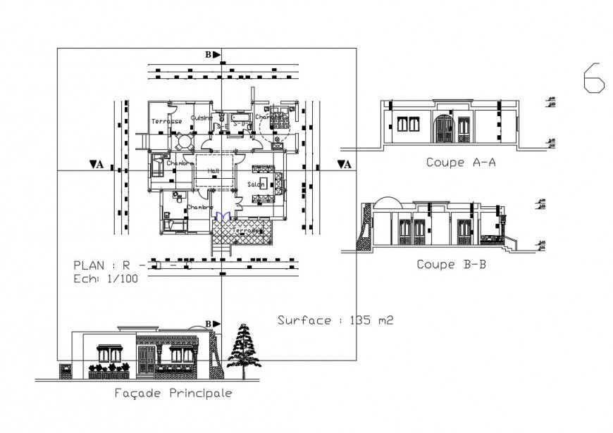 Family salon all sided elevation and plan details dwg file