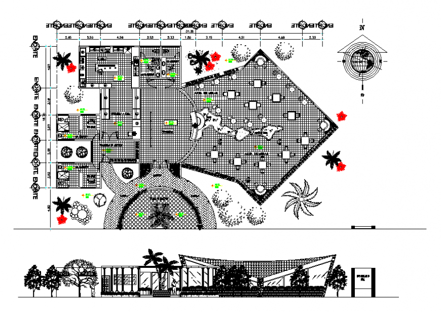 Fast food restaurant facade elevation and structure layout plan details dwg file