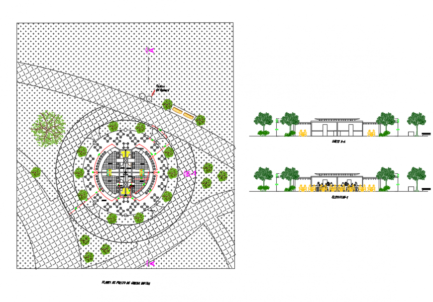 Fast food stand plant of college elevation and section details with landscaping structure dwg file