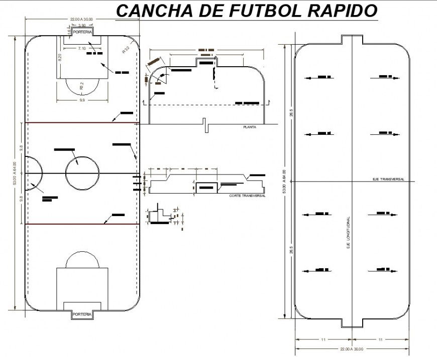 Fast soccer field layout plan in dwg AutoCAD file.
