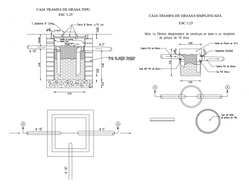Fat trap chamber with plumbing construction cad drawing details dwg file