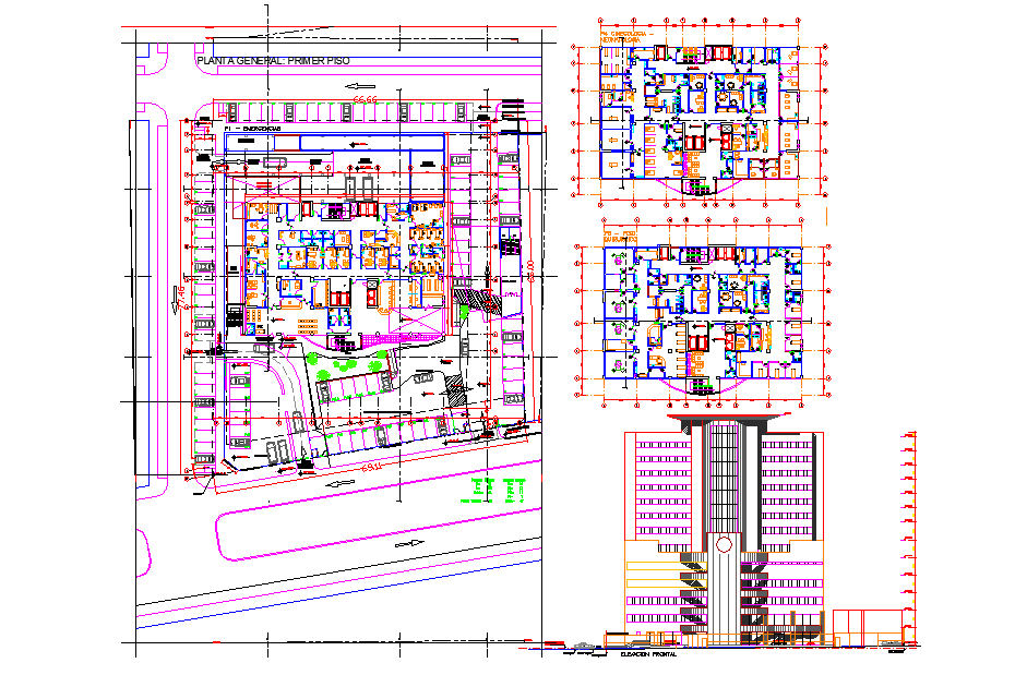 Hospital Building DWG with Floor Plan Elevation Section and Parking