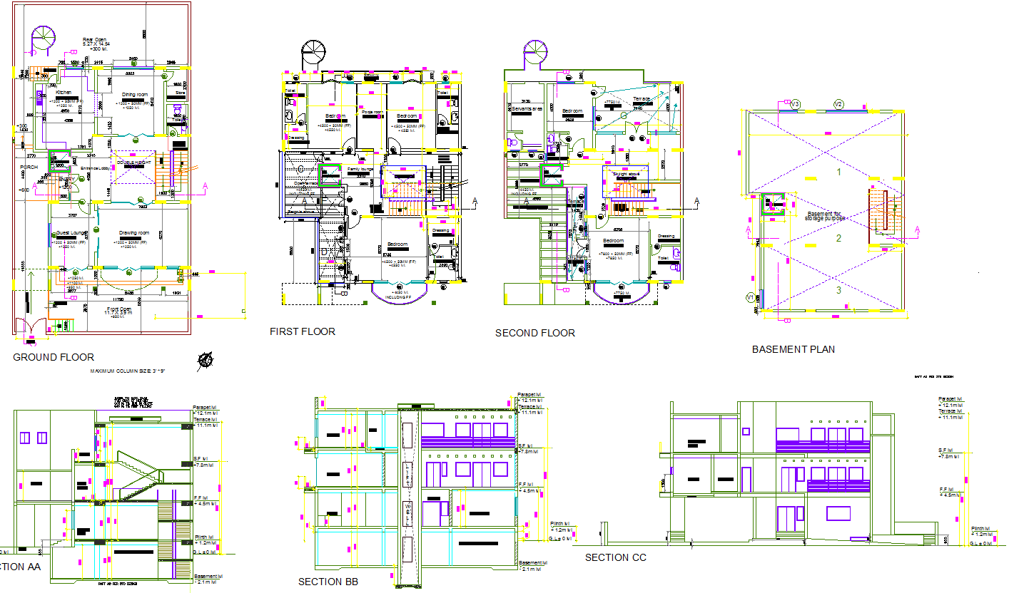 Three Floor Independent Residence Plan with Basement and DWG Layouts
