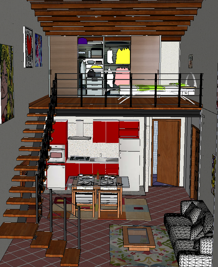 3D Interior DWG Design with Loft Bedroom and Compact Kitchen Layout