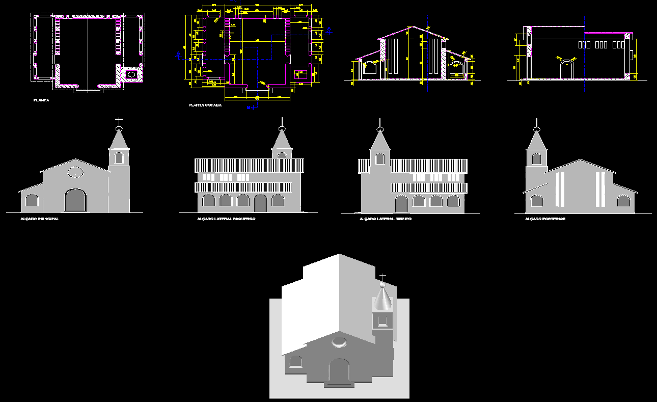 Church Architecture DWG with Detailed Tower and Arched Elevations