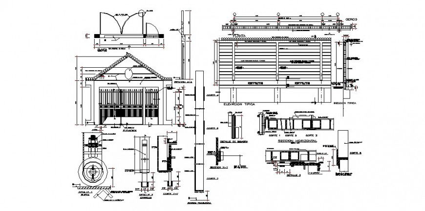 Fence and gate elevation, section, plan and installation cad drawing details dwg file