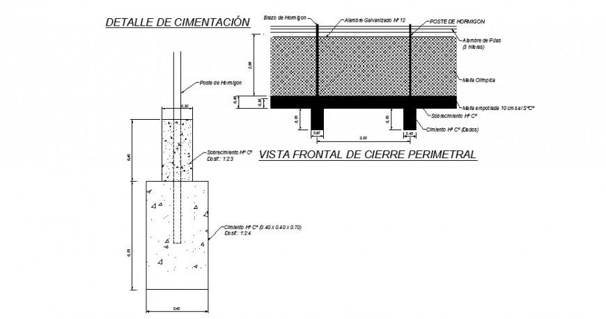 Fence main section, foundation and installation cad drawing details dwg file