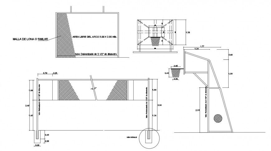Fence of sports center section and installation details dwg file