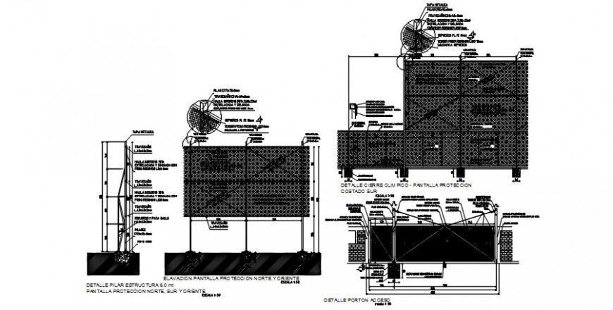Fence of sports center sections, construction and installation details dwg file