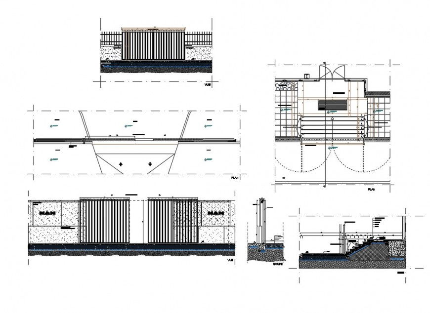 Fence with gate elevation, section and auto-cad details dwg file