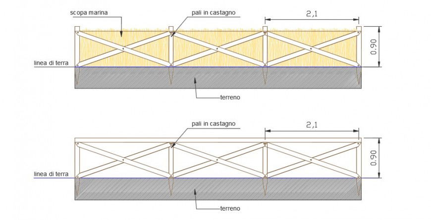 Fencing detail in farm house front elevation dwg file
