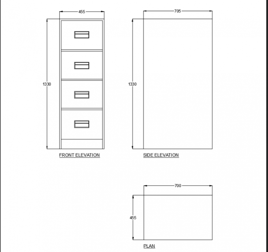 Filing cabinet front side elevation and plan view dwg file