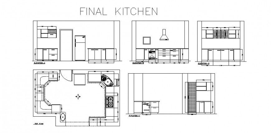 Final kitchen elevation, top plan and auto-cad drawing details dwg file