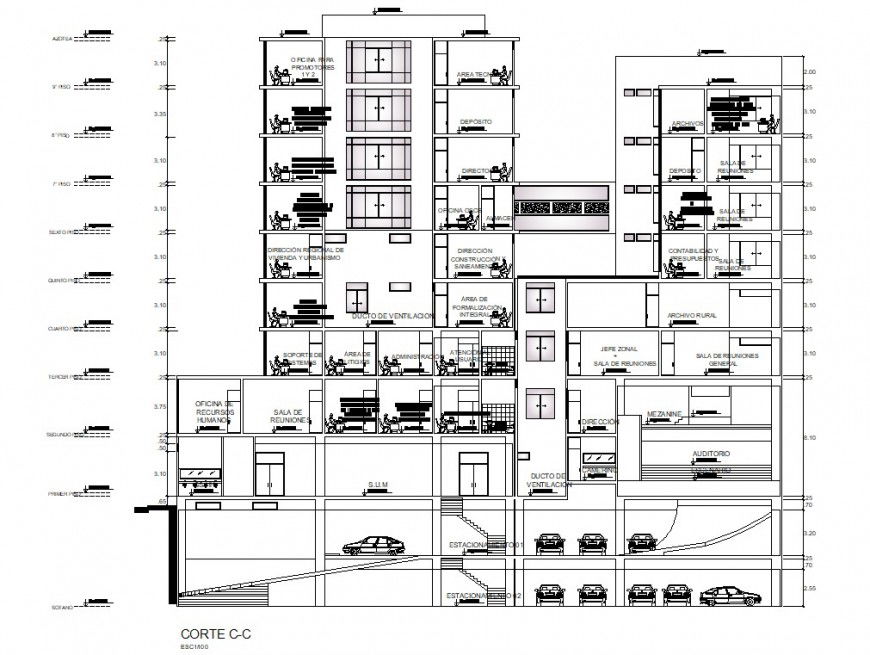 Financial center multi-level office building main section drawing details dwg file