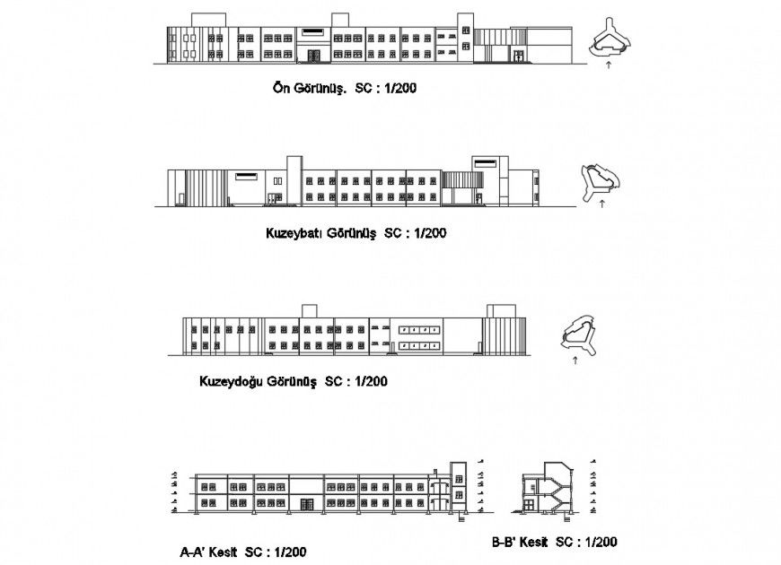 Fine art high school all sided elevation cad drawing details dwg file