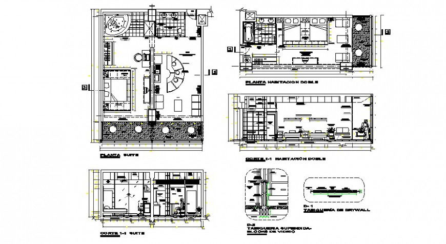 Finer star hotel suite room plan and different sectional detail in auto cad