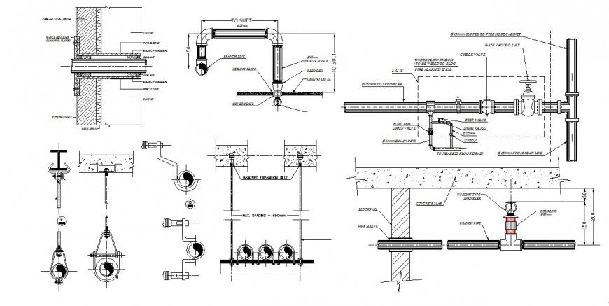Fire fighting system section and electrical installation cad drawing details dwg file