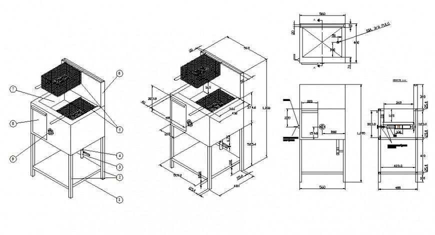 Fire place gas fryer cad drawing details dwg file