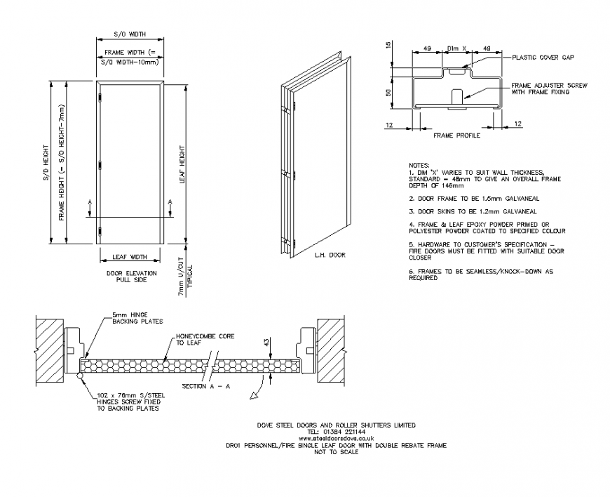 Fire Single leaf door detail elevation 2d view layout autocad file