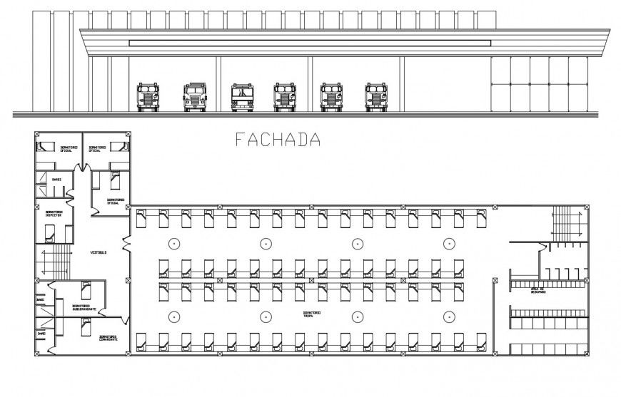 Fire station main section and floor plan distribution cad drawing details dwg file