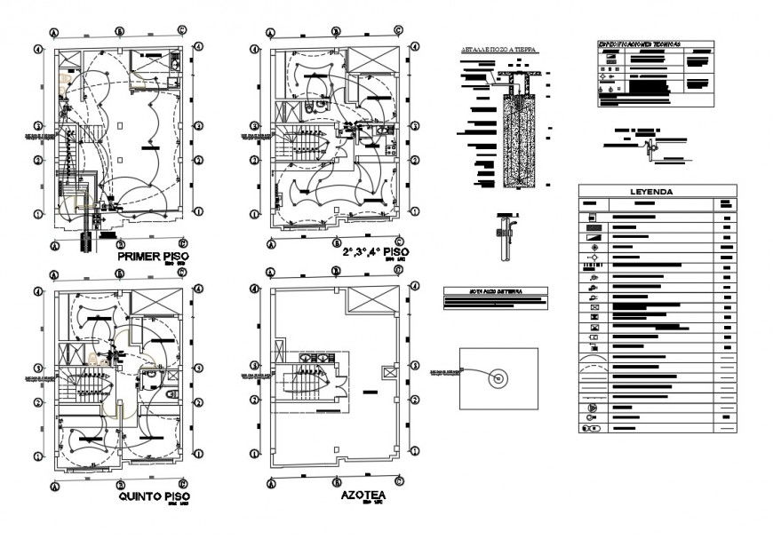 First, second, third and terrace floor electrical layout plan details of apartment building dwg file