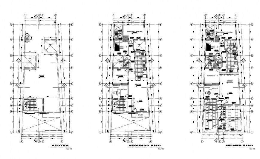 First, second and cover plan details of multi-story apartment building dwg file