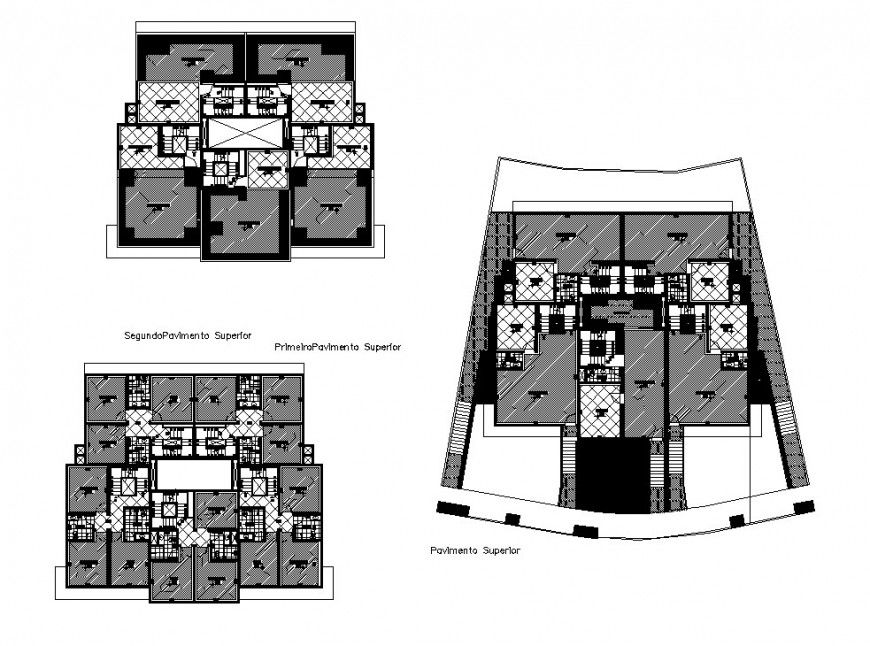 First, second and distribution layout plan details of residential house dwg file