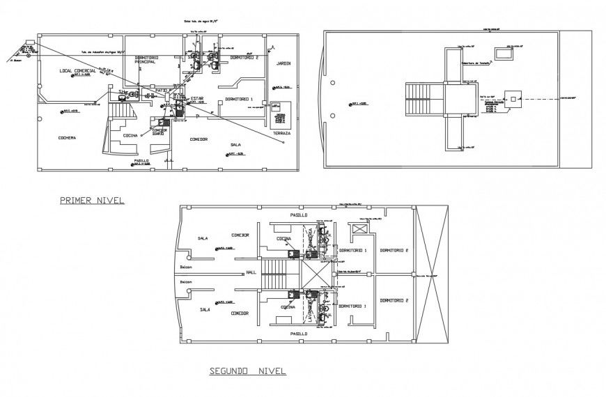 First, second and terrace floor layout plan details of apartment building dwg file