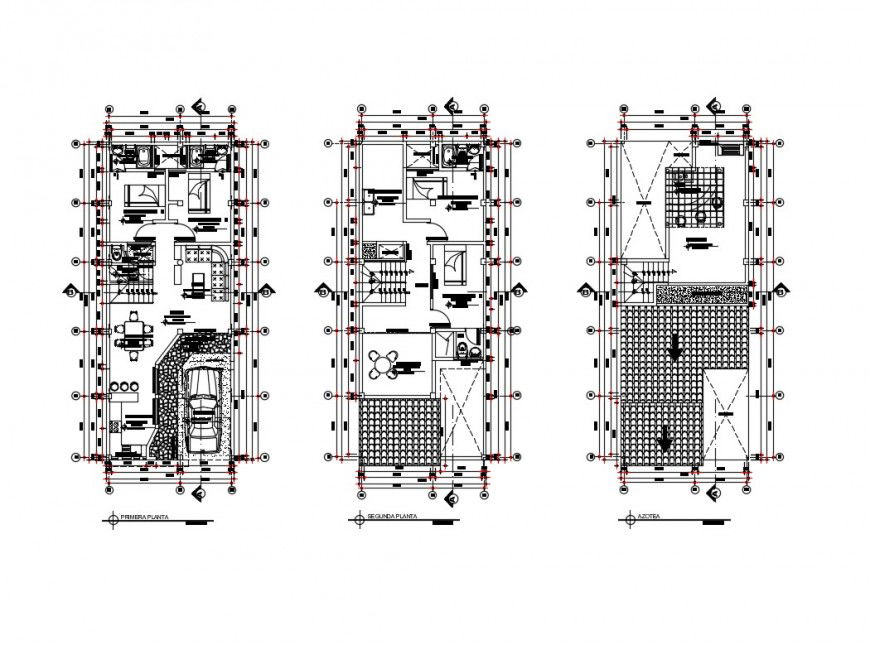 First, second and terrace floor plan details of house dwg file