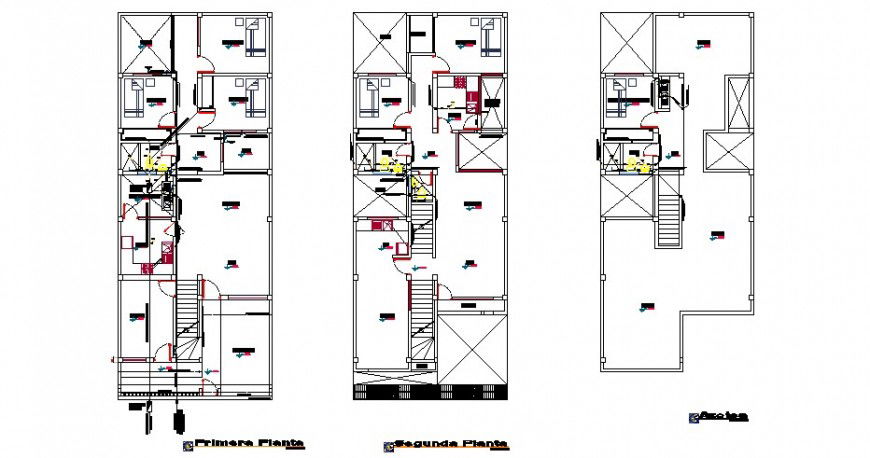 First, second and terrace floor plan details of single family house dwg file
