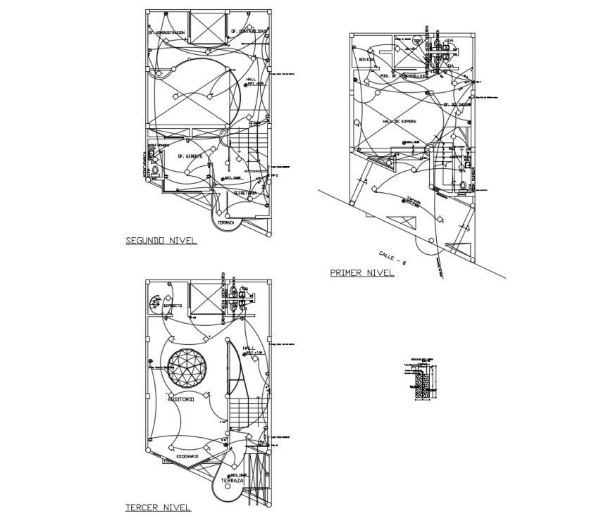 First, second and terrace floor plan details with sanitary installation of apartment building dwg file