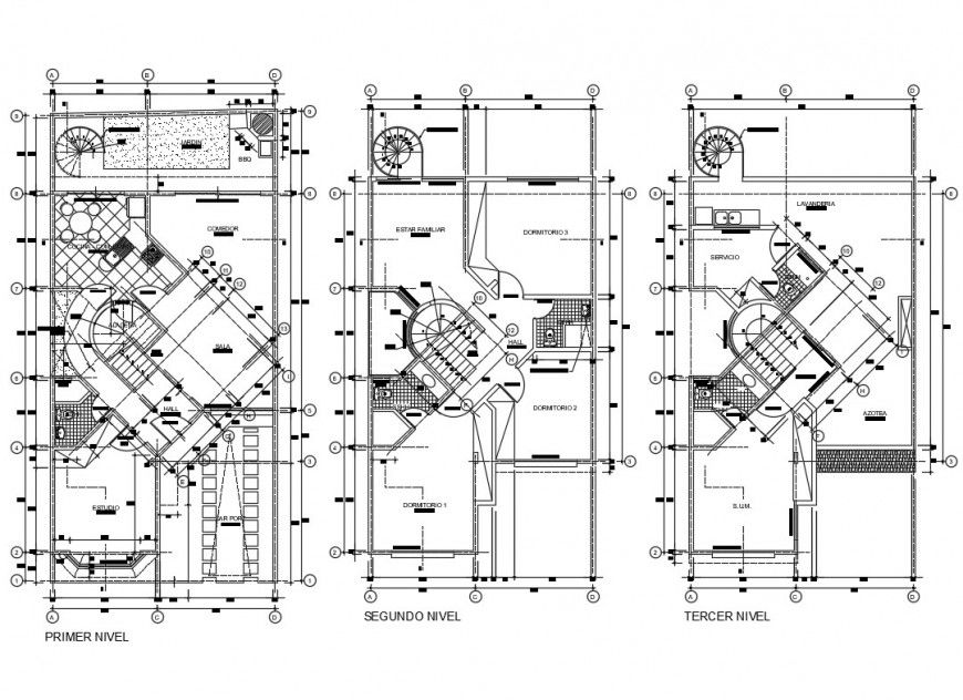First, second and terrace plan details of three level house dwg file