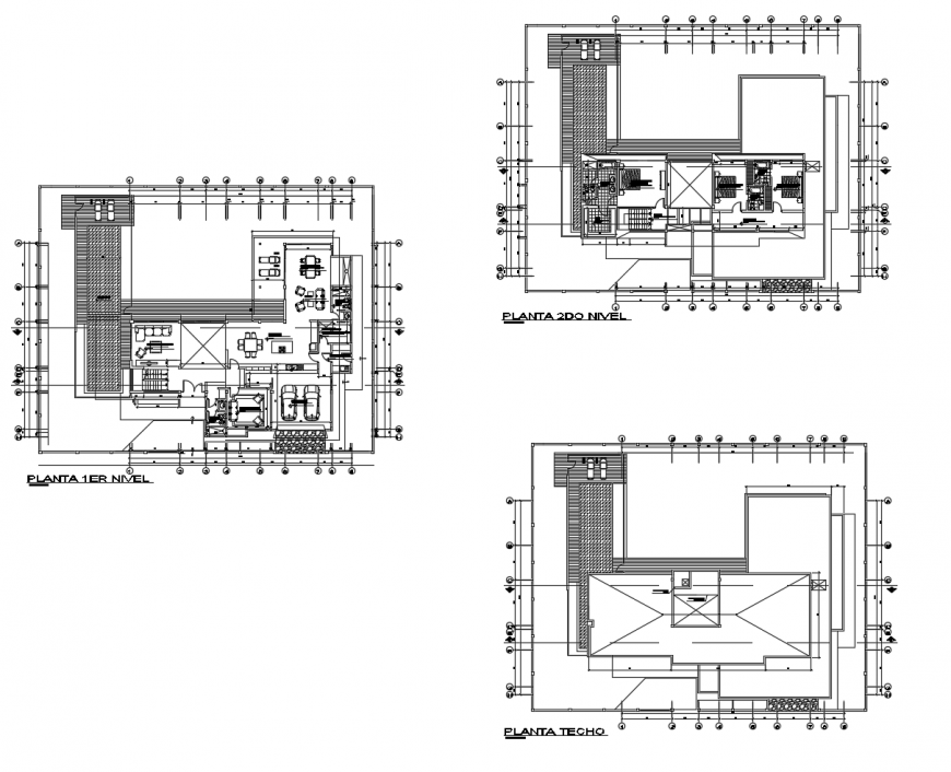 First, second and terrace plan of residential house cad drawing details dwg file