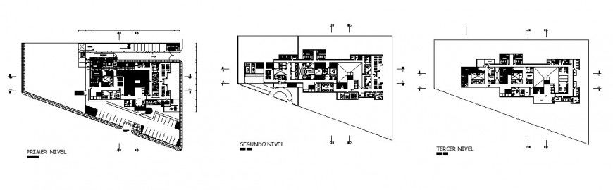 First, second and third floor distribution plan details of communal house dwg file