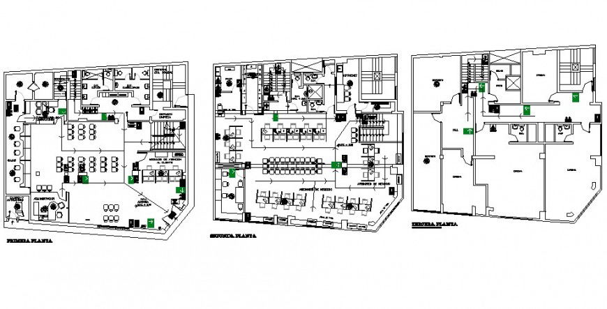 First, second and third floor layout plan details of office building auto-cad dwg file