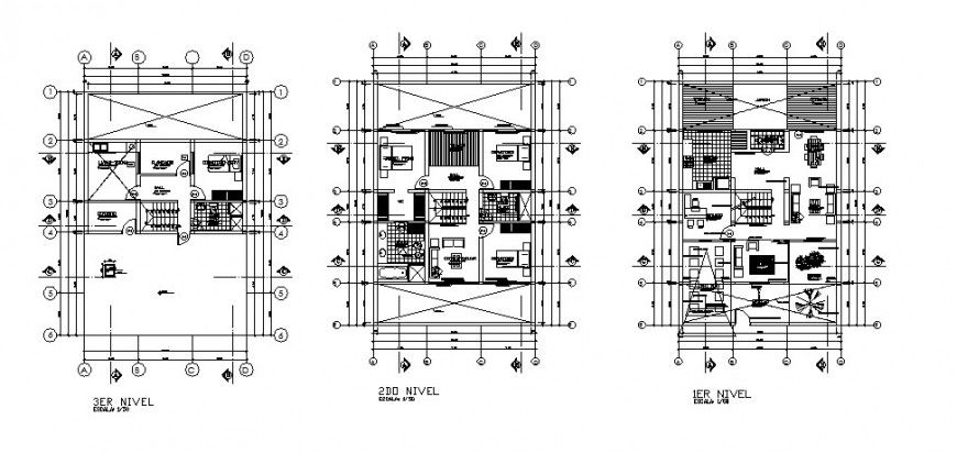 First, second and third floor plan details of one family house dwg file